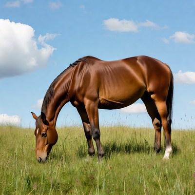 Brown horse grazing in green field