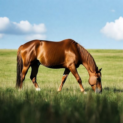 Bay horse grazing in green field