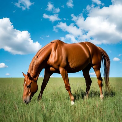 Bay horse grazing in green field