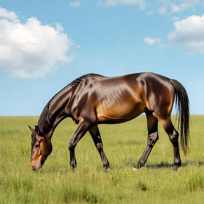 Brown horse grazing in green field