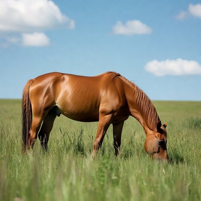 Bay horse grazing in green field