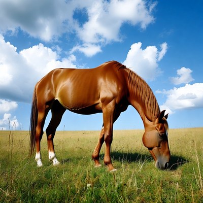 Brown horse grazing in field
