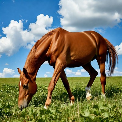 Brown horse grazing in green field