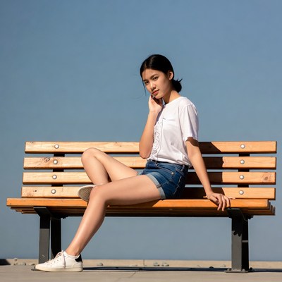 Asian girl sitting on park bench