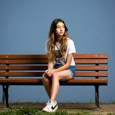 Asian girl sitting on park bench