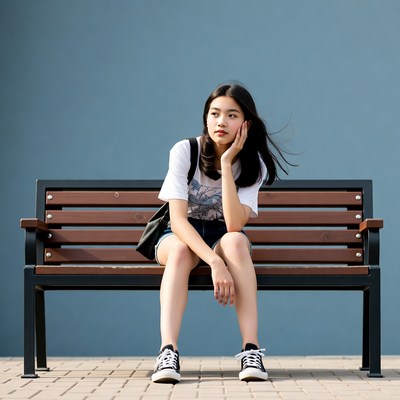 Asian girl sitting on bench thoughtfully