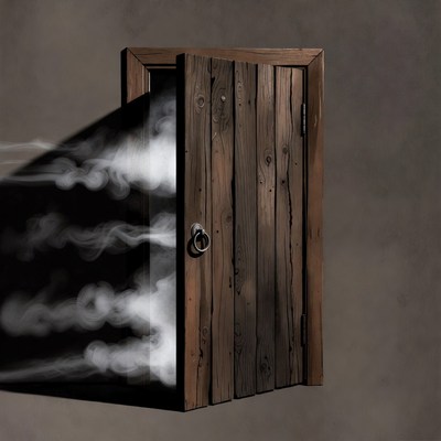 Open wooden door with smoke