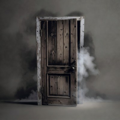 Open wooden door with smoke