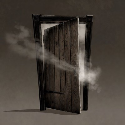 Open Wooden Door with Fog