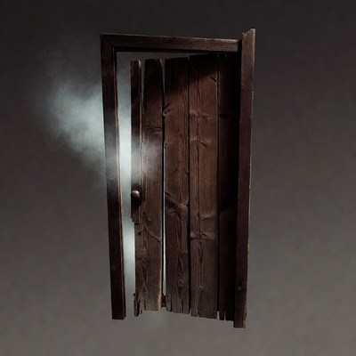 Open wooden door with mist