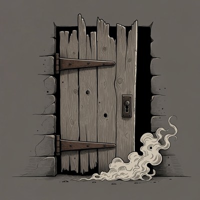 Old wooden door with ghost smoke