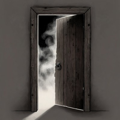 Open wooden door with mist