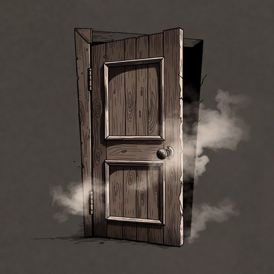 Open wooden door with mist