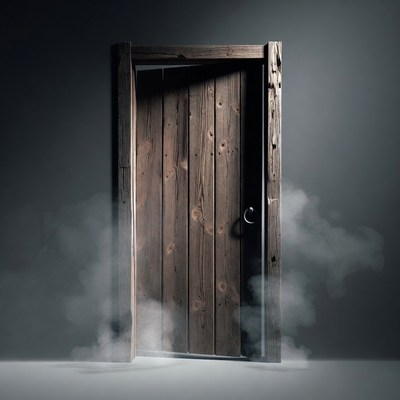 Open wooden door with fog