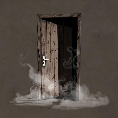 Open wooden door with smoke
