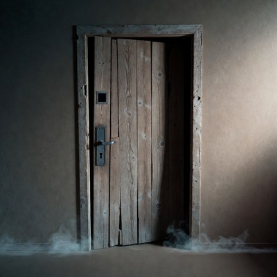 Open wooden door with fog