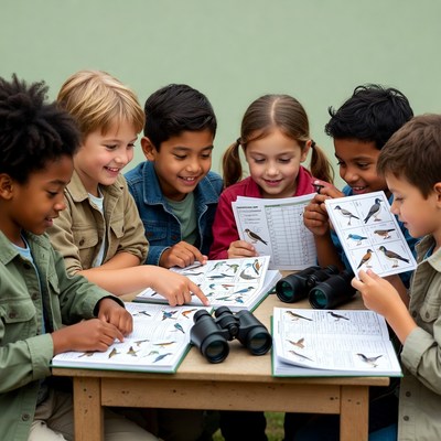Diverse children studying birds with binoculars