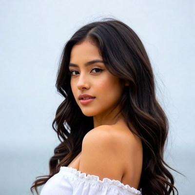 Beautiful Latina woman in white off-shoulder top
