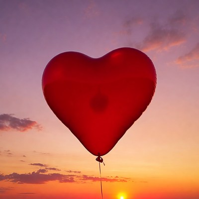 Giant red heart balloon at sunset