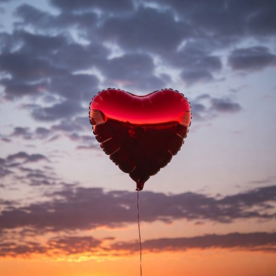 Red heart balloon in sunset sky