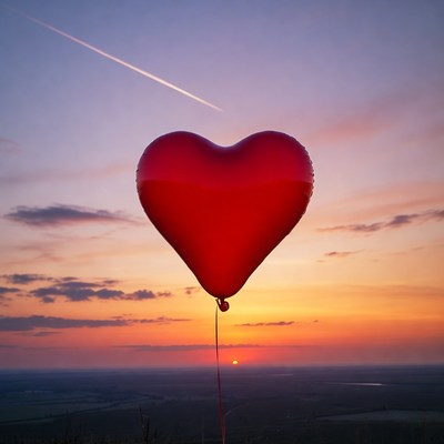 Red heart balloon at sunset