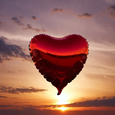 Red heart balloon at sunset