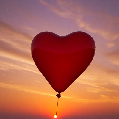 Red heart balloon in sunset sky