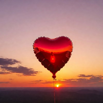 Red heart balloon at sunset