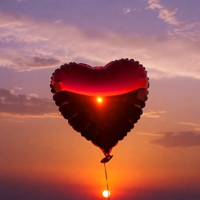 Red heart balloon at sunset