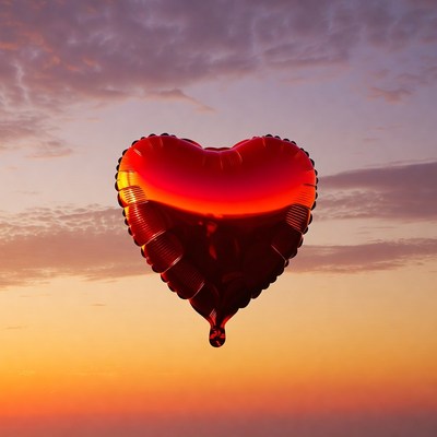 Red heart balloon in sunset sky
