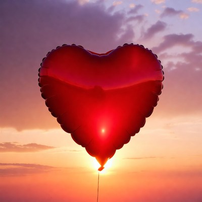 Red heart balloon in sunset sky