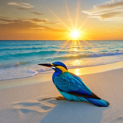 Kingfisher bird on tropical beach sunset