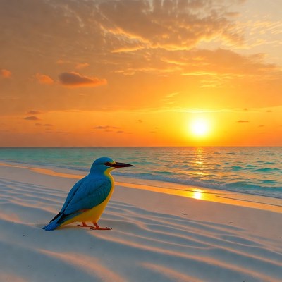 Blue Kingfisher on Beach at Sunset