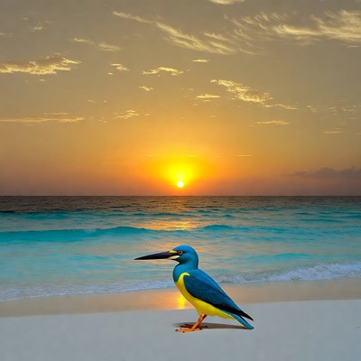 Kingfisher on beach at sunset