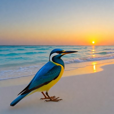 Kingfisher on beach at sunset