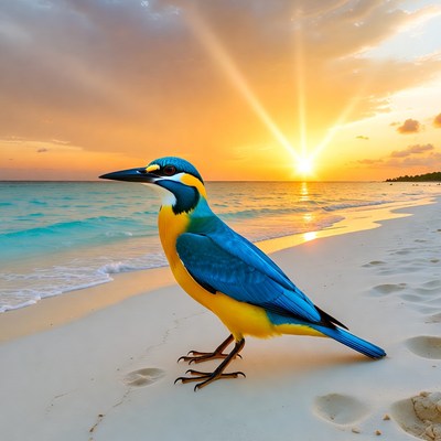 Kingfisher on tropical beach sunset