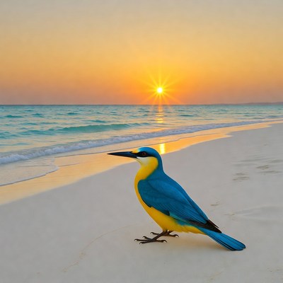 Kingfisher on beach at sunset
