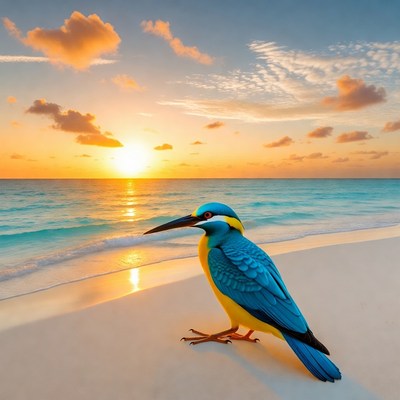 Kingfisher bird on tropical beach sunset