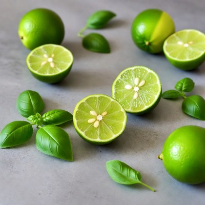 Fresh Limes and Basil Leaves