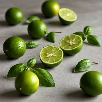 Fresh limes with basil leaves