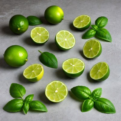 Fresh limes and basil leaves