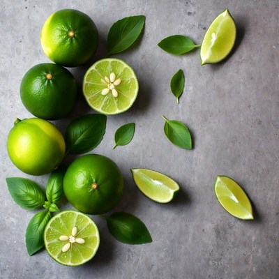 Fresh limes and basil leaves