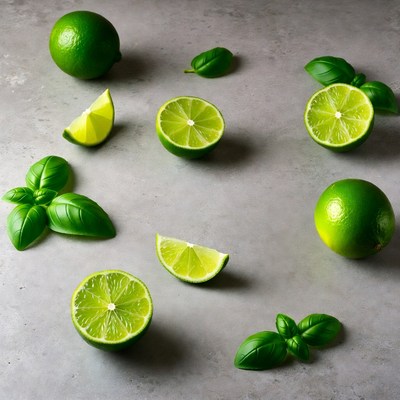 Fresh limes and basil leaves