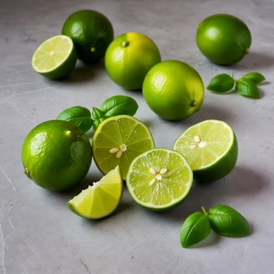Fresh Limes and Basil Leaves
