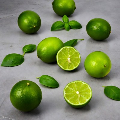 Fresh limes with basil leaves