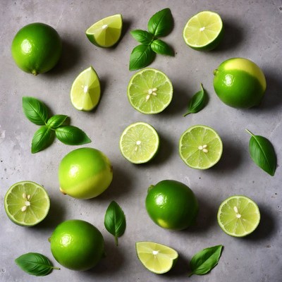 Fresh Limes and Basil Leaves