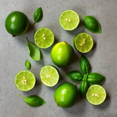 Fresh limes and basil leaves