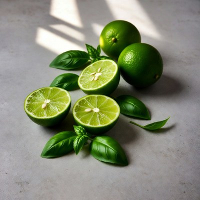 Sliced Limes with Basil Leaves