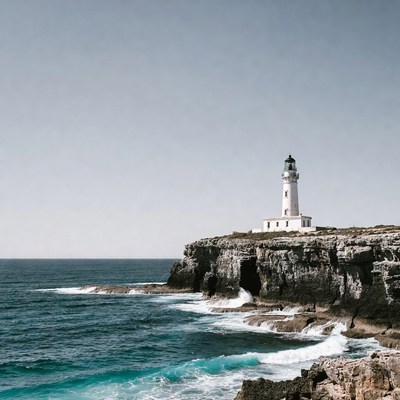 White lighthouse on ocean cliff