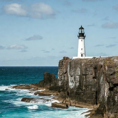 White lighthouse on ocean cliff